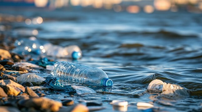 Plastic bottles and waste floating in water on rocky shoreline