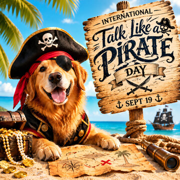 Golden retriever dog wearing pirate hat and eye patch sits on sandy beach next to wooden treasure map and sign