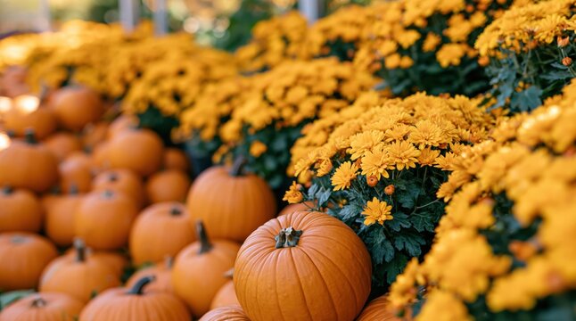 Orange pumpkins and yellow flowers in autumn display