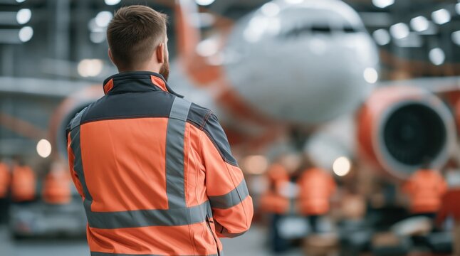 Back view of aircraft technician in high visibility jacket looking at airplane in hangar