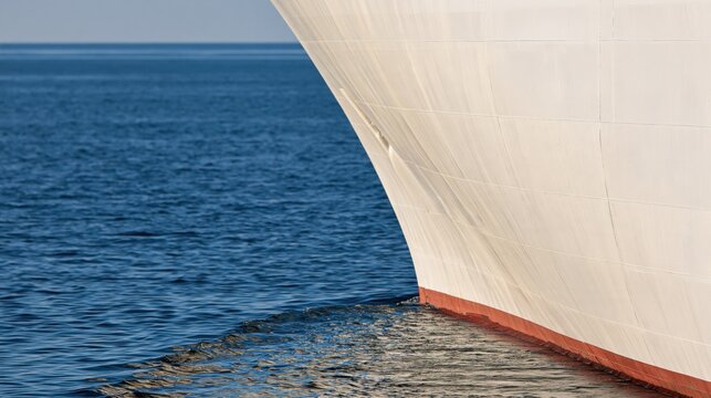 Close up of ship bow hull on deep blue sea water