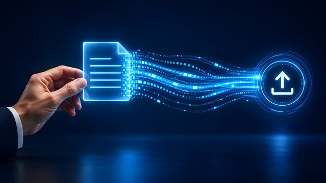 Digital document export concept with hand uploading glowing file into secure data network through high speed virtual information stream