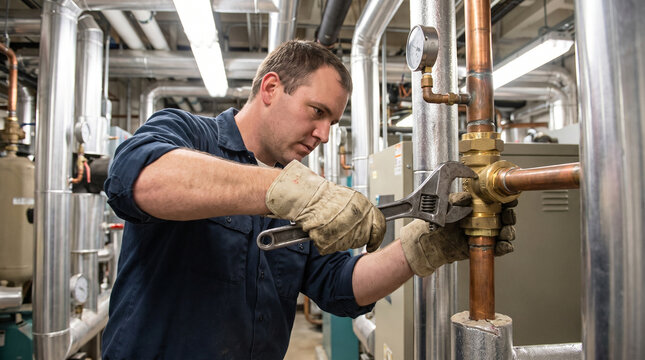 Industrial plumber tightening brass pipe fitting with adjustable wrench in mechanical boiler room