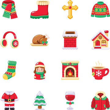 Cozy winter icon set featuring warm clothing, Christmas apparel, festive food, snowy homes, hot drinks, fireplaces, seasonal decorations. 