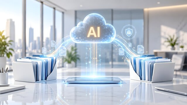 Artificial intelligence cloud computing concept transforming physical office paperwork into digital document network storage