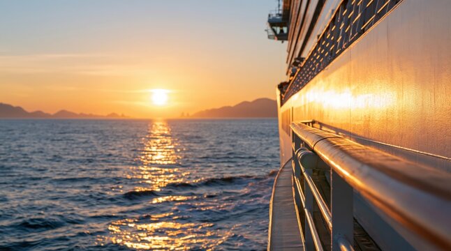 Golden sunset over ocean with view from cruise ship deck railing