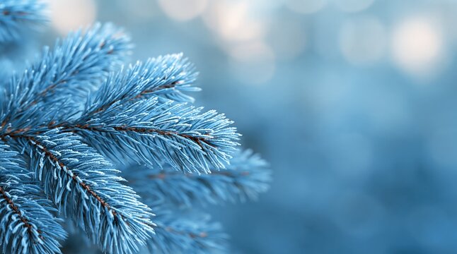 Blue spruce branch covered with hoarfrost in winter nature
