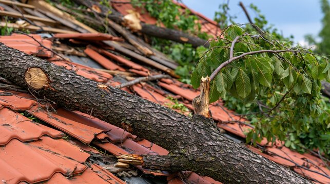 Fallen tree trunk and branches on damaged red roof tiles