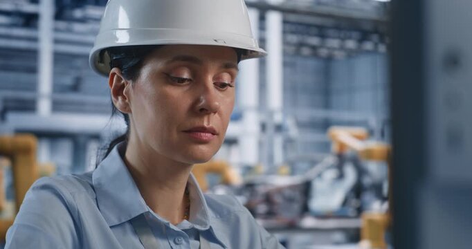 Close Up of Female Technician Controls Modern Software on Desktop Computer Screen in Smart Manufacturing Plant. Cyber Physical Systems and Cloud Servers Drive Efficient Car Assembly Processes.