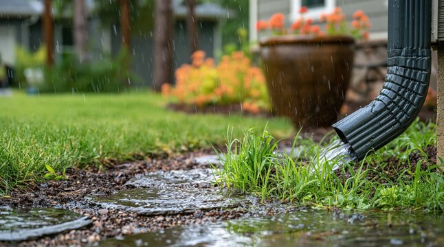 Close up of rainwater flowing from downspout onto garden lawn