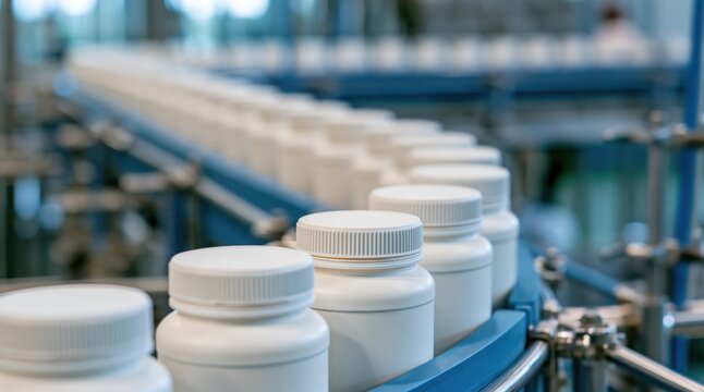 White plastic supplement bottles on automated conveyor belt in production facility