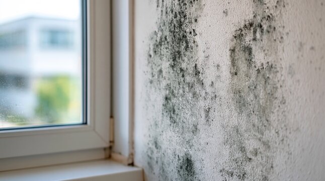 Black mold growing on interior wall near window frame