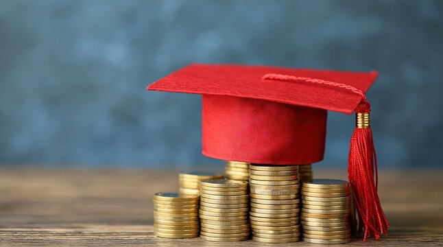 Red graduation cap resting on stacks of golden coins on wooden surface
