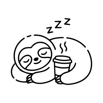 Cute Sloth Character Sleeping with Coffee Cup in Minimalist Style