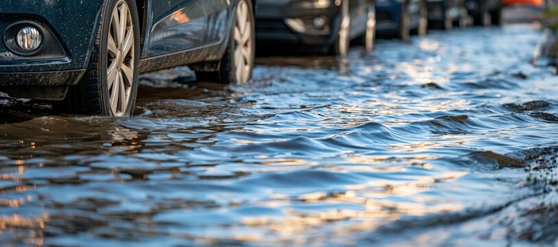 Car wheels submerged in water on flooded urban street