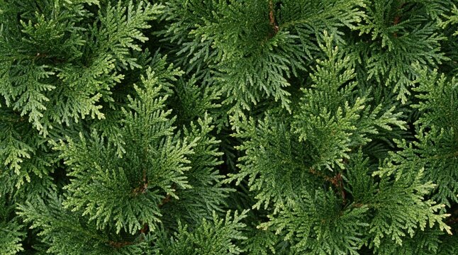 Green thuja foliage branches background