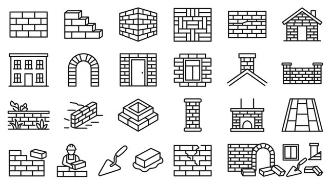 Brickwork masonry construction and wall building icon set line art vector illustration