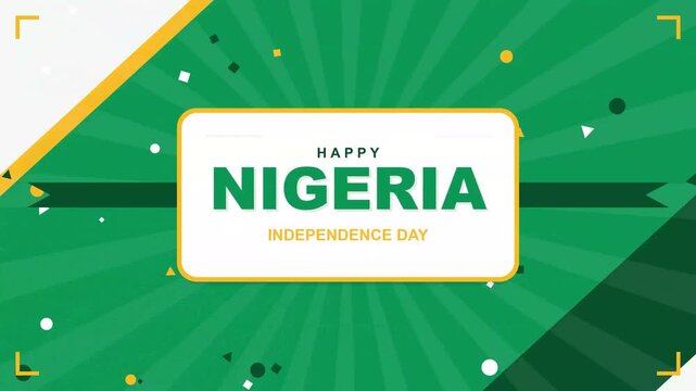 Animated Nigeria Independence Day celebration graphic with festive green sunburst background and elegant typography for national holiday