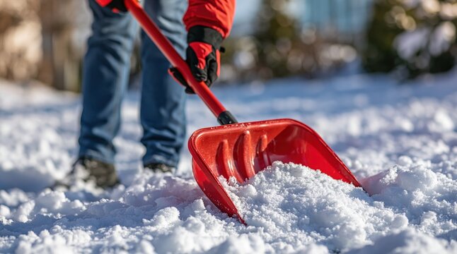 Close up of person shoveling snow with red shovel on winter day