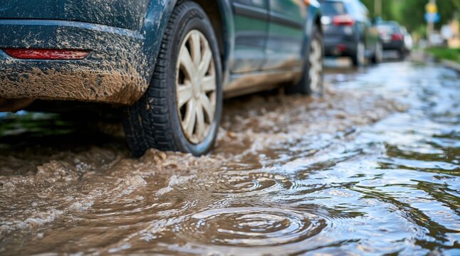 Dirty car moving through deep muddy water on flooded city road