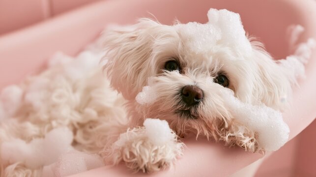 Adorable small white dog covered in soap foam enjoying bath time in pastel pink tub with relaxed expression and soft fur