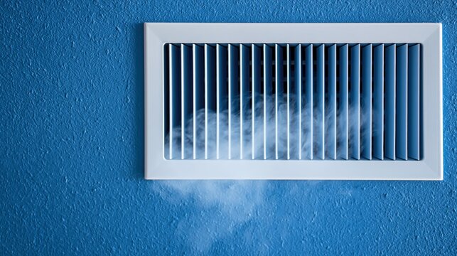 Smoke coming out of white air conditioning vent on textured blue wall