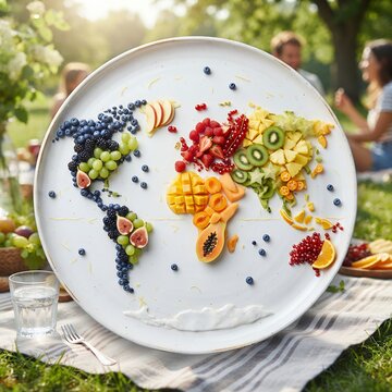 World Map Made of Fresh Fruits on a Plate Outdoors.