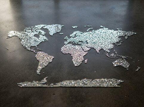 World Map Made of Glitter on Dark Surface.