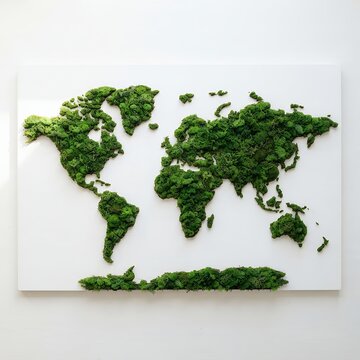 World Map Made of Green Moss on White Background.