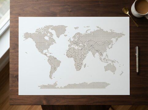 World Map on a Wooden Desk with Coffee and Pen.