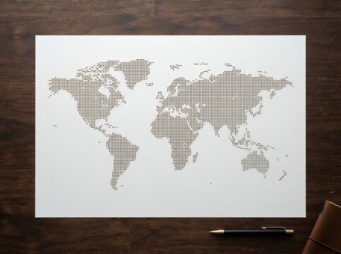 World Map on White Paper with Pen and Notebook on Wooden Table.