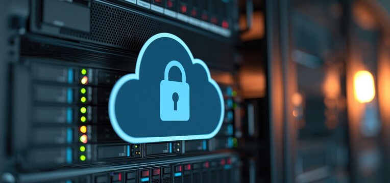 Glowing blue cloud with padlock icon on server racks in data center