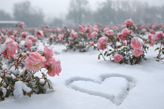 a heart shaped in the snow with pink roses