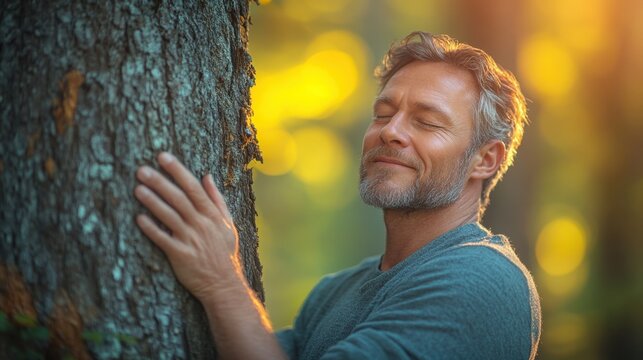 man smiles blissfully while hugging a tree in a sunlit park, enjoying the tranquility and connection with nature around him.
