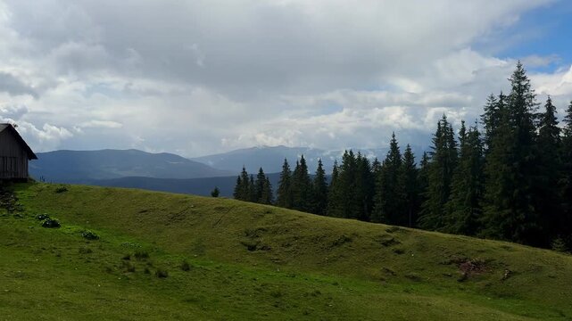 Explore the mountain landscape of the Carpathians with forests and meadows on a clear day