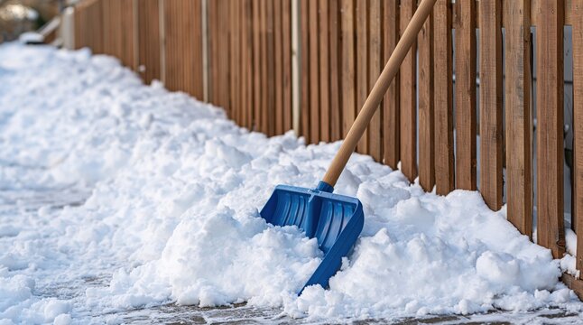 Blue snow shovel with wooden handle leaning against wooden fence in winter
