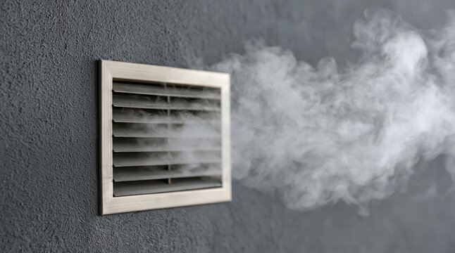 Smoke coming out of metal vent on dark grey textured wall