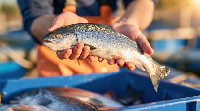 Person holding fresh silver salmon at aquaculture farm