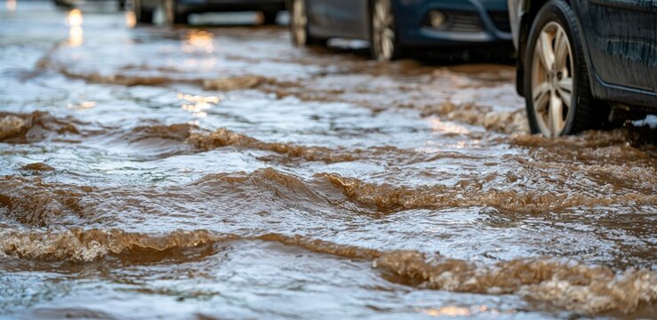 Urban street flooded with brown muddy water and cars