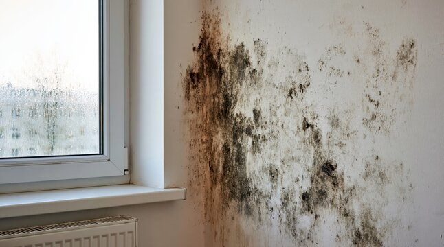 Mold damage on white interior wall caused by moisture and condensation near window