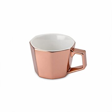 Modern geometric coffee cup with a metallic copper finish isolated on a white background