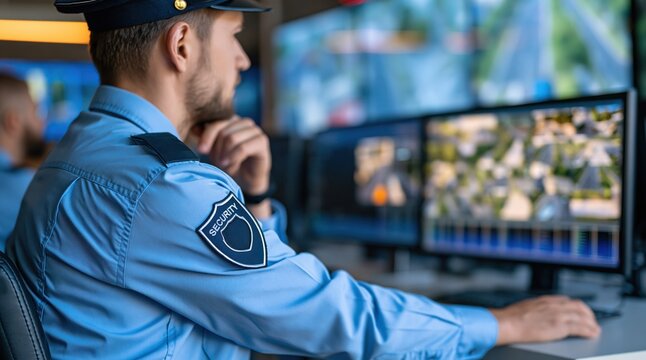 Security guard in uniform monitoring surveillance cameras on screens in control room