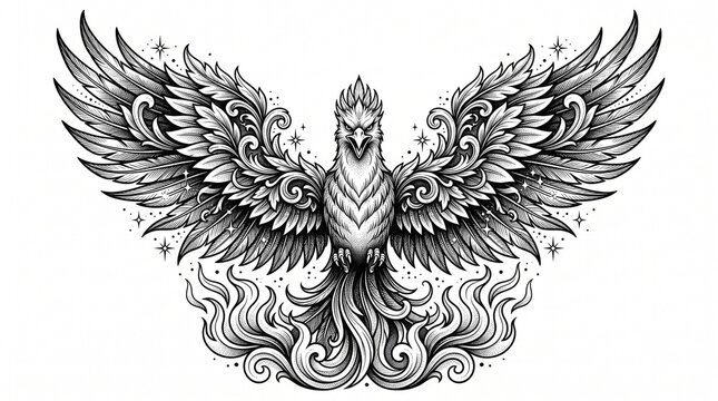 Phoenix Rebirth Tattoo Illustration with Ornamental Flames and Feathers