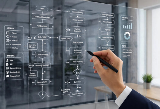 Hand draws complex process diagrams on transparent digital surface