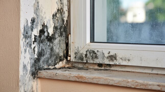 Black mold growth on wall and window frame with peeling paint