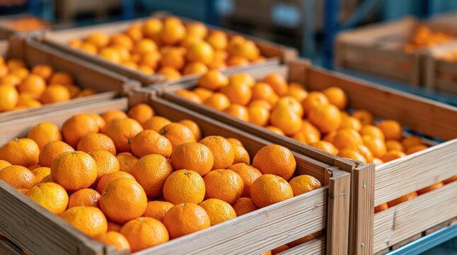 Ripe orange mandarins in wooden crates at storage