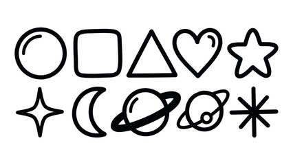 Geometric shapes, hearts, stars, and planets illustrated as a simple black and white doodle collection © Hand Made Assets