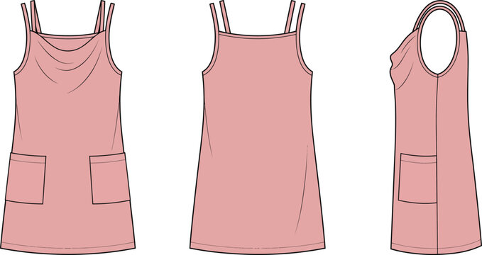 Pink pinafore dress technical sketch, sleeveless apron dress with pockets vector, women's fashion flat garment template
