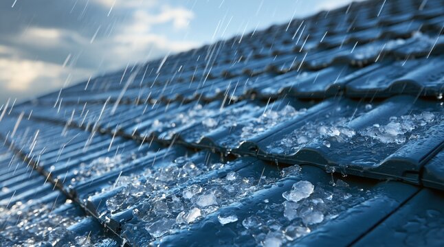 Hailstones and rain falling on dark blue tiled roof
