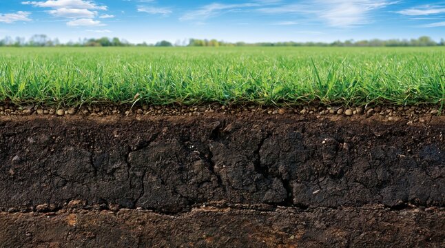 Cross section of grass field showing soil layers and dirt underground under blue sky